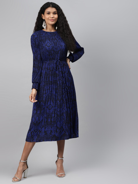 

Marks & Spencer Women Blue & Black Accordion Pleat Animal Print A-Line Dress