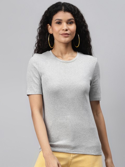 

Marks Spencer Women Grey Melange Pure Cotton Solid Round Neck Pure Cotton T-shirt