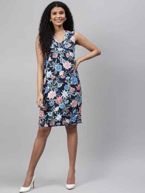 

Marks & Spencer Women Navy Blue & Pink Easy To Iron Floral Printed A-Line Dress