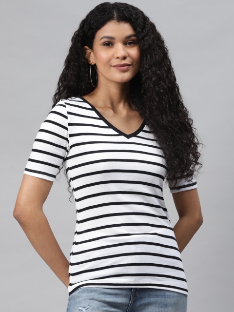

Marks & Spencer Women White & Black Pure Cotton Striped V-Neck T-shirt