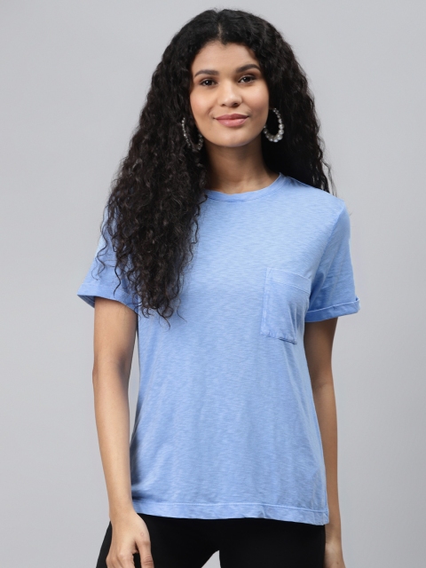 

Marks Spencer Women Blue Pure Cotton Solid Round Neck Pure Cotton T-shirt