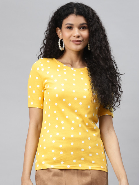 

Marks Spencer Women Mustard Yellow White Pure Cotton Polka Dots Print Pure Cotton T-shirt