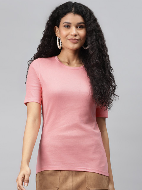 

Marks Spencer Women Pink Pure Cotton Solid Round Neck Pure Cotton T-shirt