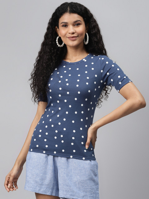 

Marks Spencer Women Blue White Pure Cotton Polka Dots Print Round Neck Pure Cotton T-shirt