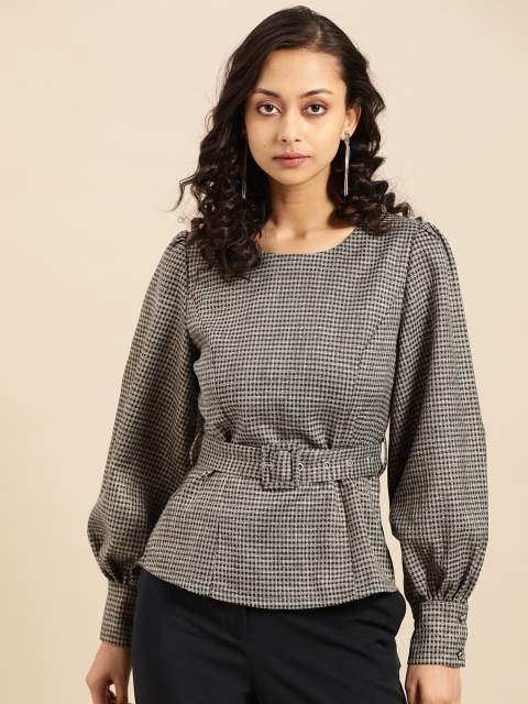 

COVER STORY Black & Grey Checked Puff Sleeves Top
