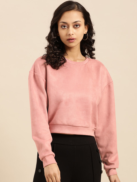 

COVER STORY Women Dusty Pink Solid Suede Crop Sweatshirt