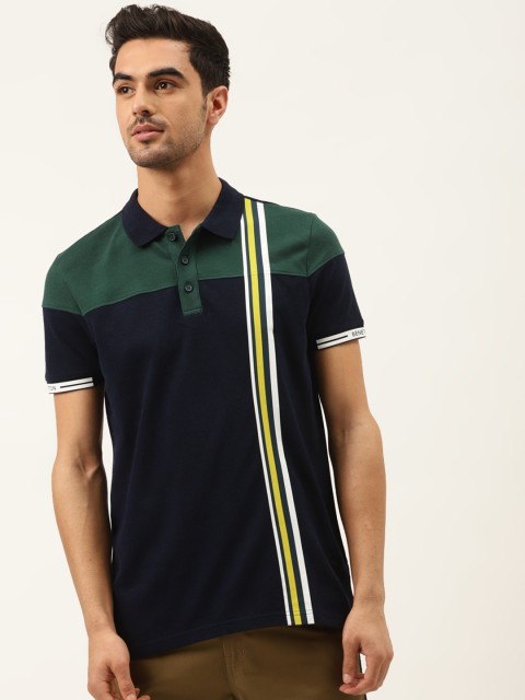 

United Colors of Benetton Men Navy Blue & Green Colourblocked Cotton Polo Collar T-shirt