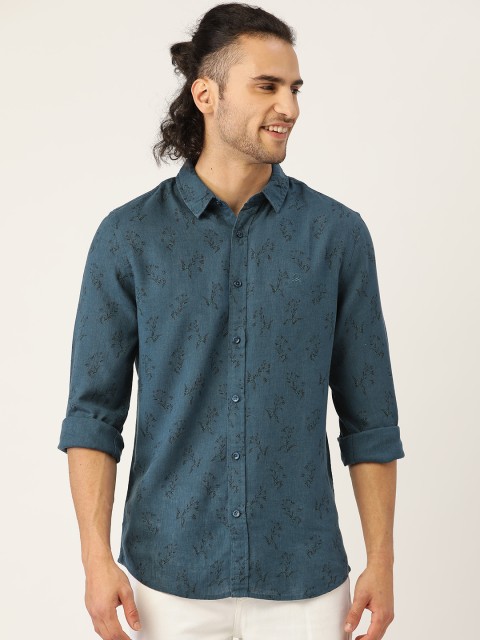 

United Colors of Benetton Men Teal Blue & Black Slim Fit Printed Casual Shirt