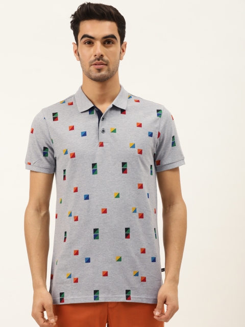 

United Colors of Benetton Men Grey Melange Cotton Printed Polo Collar T-shirt