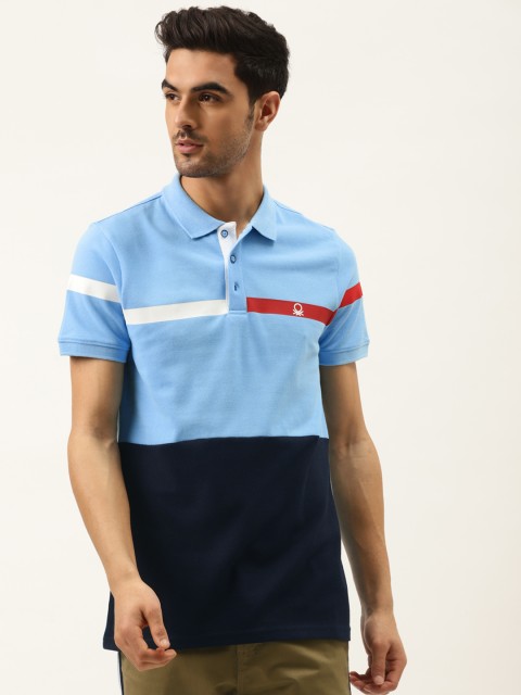 

United Colors of Benetton Men Blue Colourblocked Pure Cotton Polo Collar T-shirt