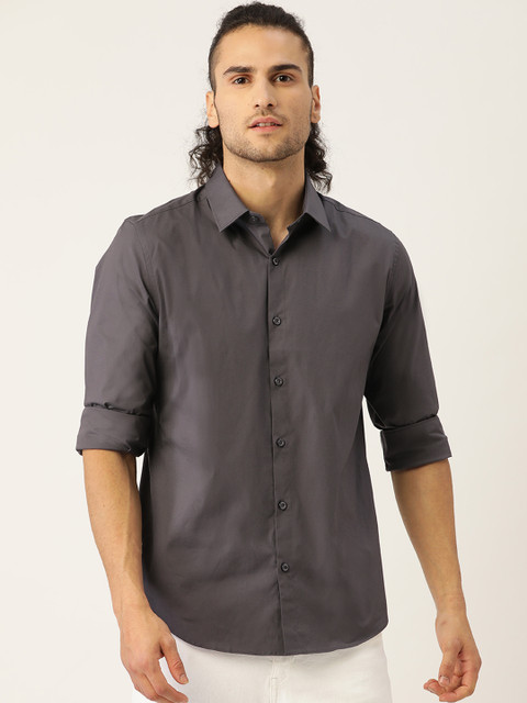 

United Colors of Benetton Men Charcoal Grey Slim Fit Solid Casual Shirt