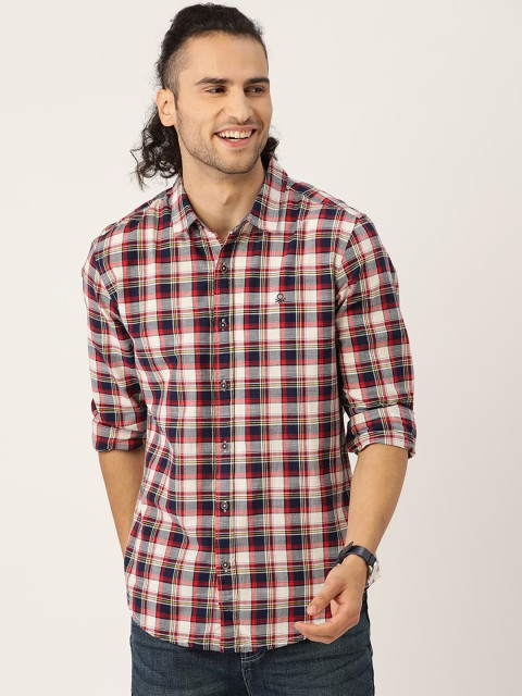 

United Colors of Benetton Men Red & White Slim Fit Checked Pure Cotton Casual Shirt