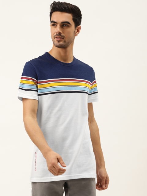 

United Colors of Benetton Men White & Blue Cotton Striped Round Neck T-shirt