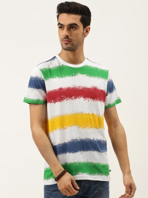 

United Colors of Benetton Men White Striped Cotton Round Neck T-shirt