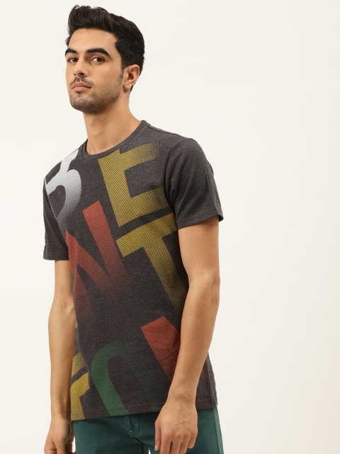 

United Colors of Benetton Men Charcoal Grey Yellow Printed Round Neck Tshirt