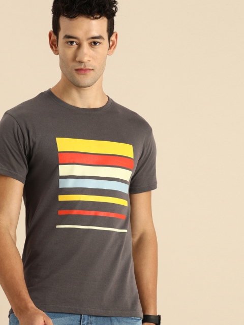 

Bewakoof Men Grey & Yellow Striped Round Neck T-shirt
