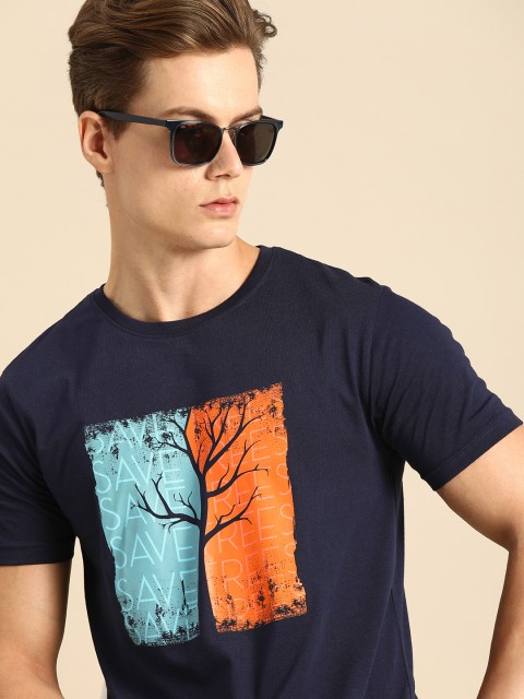 

Bewakoof Men Navy Blue Save Trees Printed Round Neck Pure Cotton T-shirt