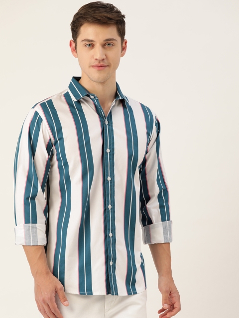

Molly & Michel Men White & Teal Blue Slim Fit Striped Formal Shirt