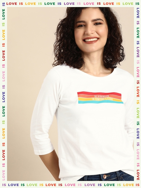 

Bewakoof Women White Be A Rainbow Printed Round Neck Pure Cotton T-shirt