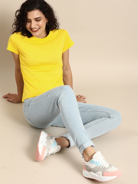 

Bewakoof Women Yellow Solid Round Neck Pure Cotton T-shirt