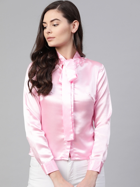

ATRAENTA Women Pink Satin Finish Slim Fit Solid Casual Shirt