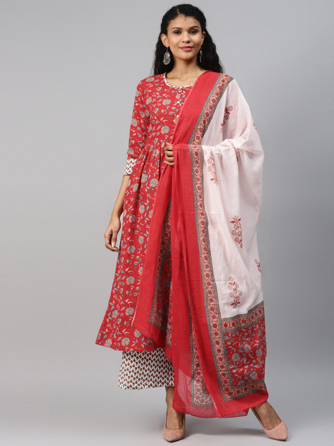 

mokshi Women Red & Peach-Coloured Pure Cotton Floral Printed Kurta with Palazzos & Dupatta