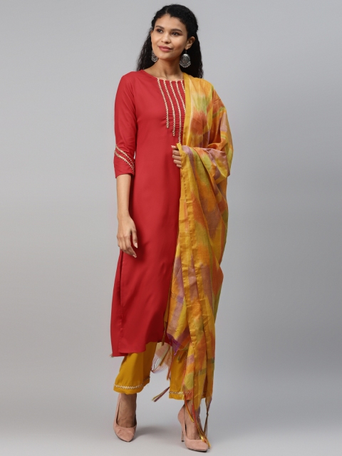 

mokshi Women Red & Mustard Yoke Design Kurta with Trousers & Dupatta