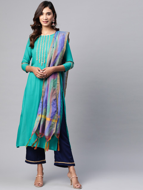 

mokshi Women Teal Green & Navy Blue Yoke Design Kurta with Palazzos & Dupatta