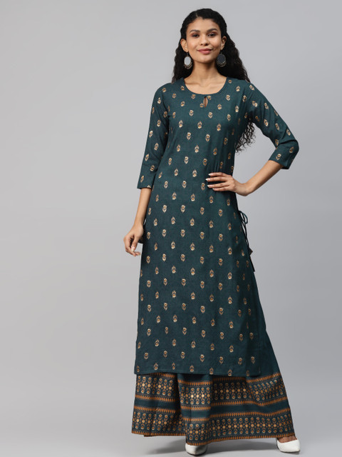 

mokshi Women Green & Golden Printed Kurta with Skirt