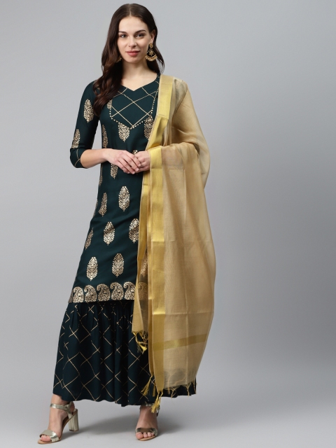 

mokshi Women Teal Green & Golden Ethnic Motif Printed Kurta with Sharara & Dupatta