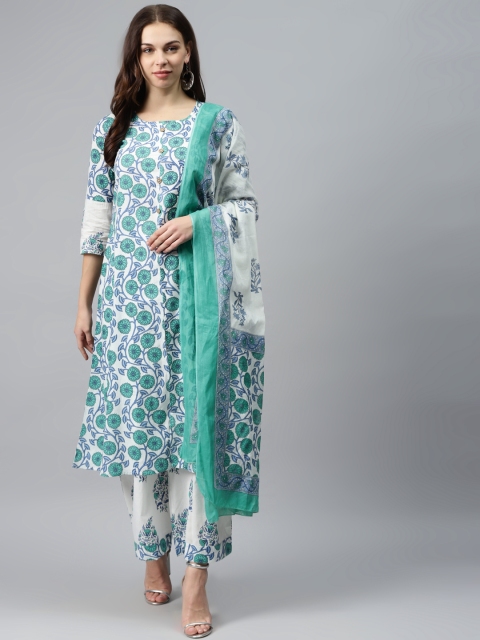 

mokshi Women Sea Green & White Printed Kurta with Palazzos & Dupatta