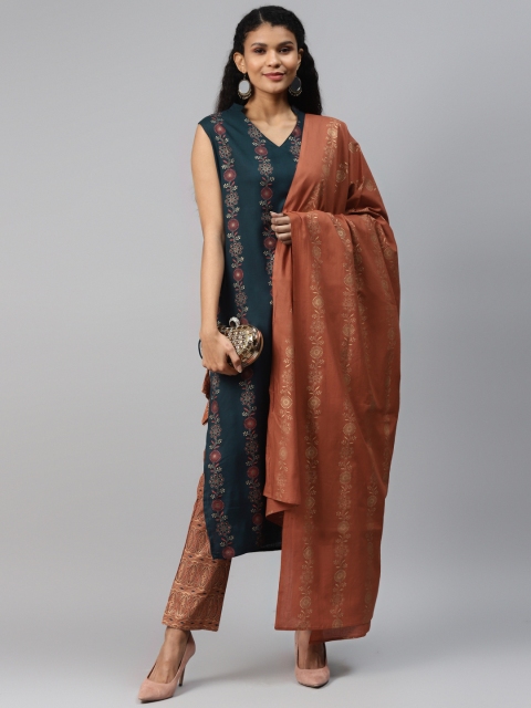 

mokshi Women Teal Green & Rust Orange Foil Printed Kurta with Trousers & Dupatta