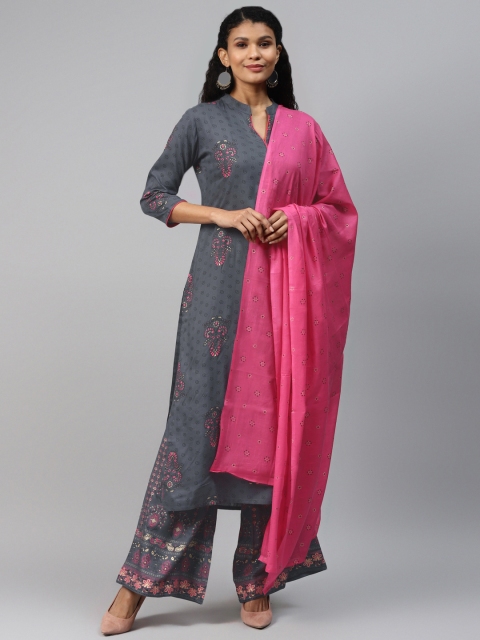 

mokshi Women Charcoal & Pink Printed Kurta with Palazzos & Dupatta