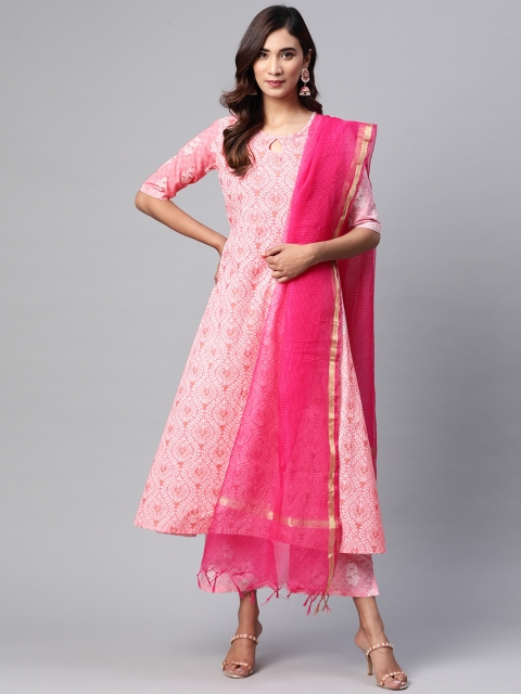 

mokshi Women Pink Pure Cotton Printed Kurta with Palazzos & Dupatta