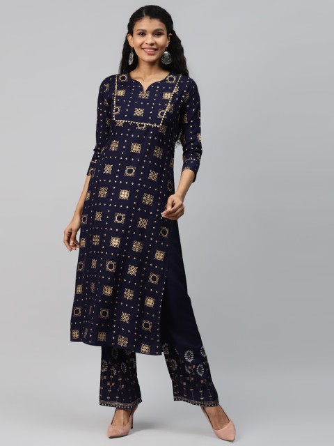 

mokshi Women Navy Blue & Golden Ethnic Motif Printed Kurta with Palazzos
