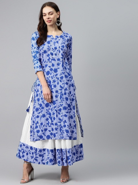 

mokshi Women Blue & White Printed Kurta with Skirt, Navy blue