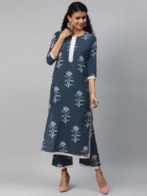 

mokshi Women Navy Blue & Off-White Pure Cotton Floral Printed Kurta with Palazzos