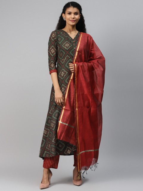

mokshi Women Green & Beige Ethnic Motif Printed Kurta with Trousers & Dupatta