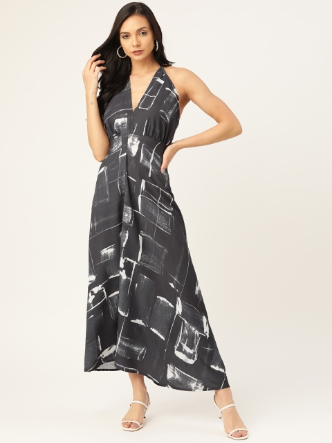 

MELOSO Women Charcoal Grey & White Printed Maxi Dress