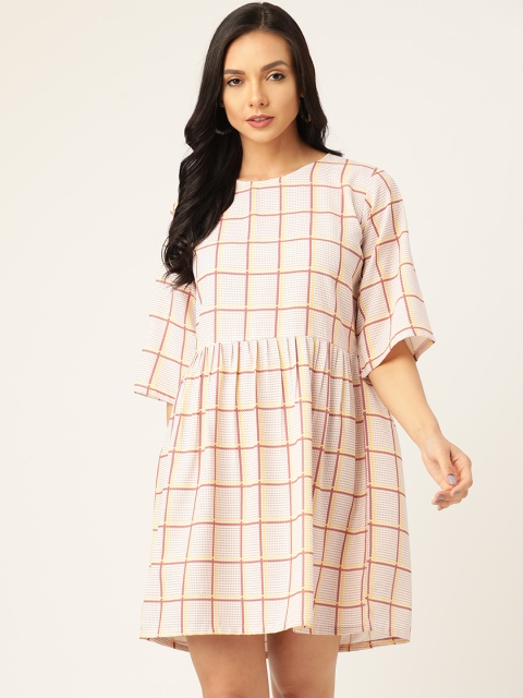 

MELOSO Women White & Mauve Checked Styled Back A-Line Dress