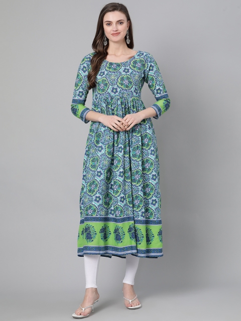 

mokshi Women Green & Blue Printed A-Line Kurta