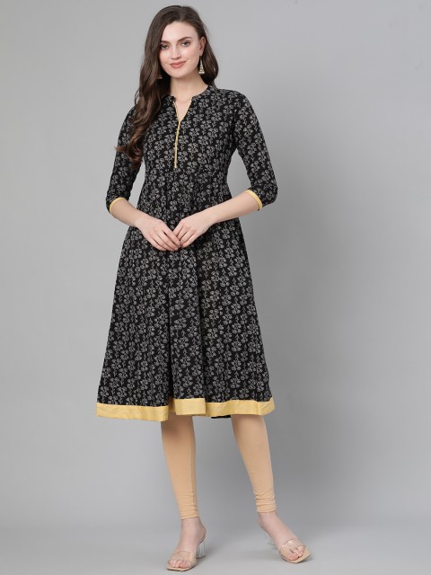 

mokshi Women Black & White Ethnic Motifs Print Pure Cotton A-Line Kurta