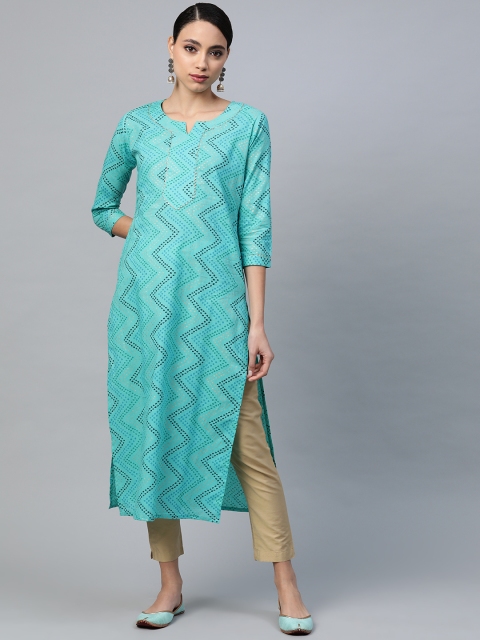 

mokshi Women Turquoise Blue & Golden Bandhani Print Pure Cotton Straight Kurta