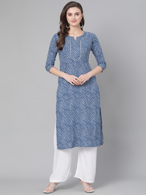 

mokshi Women Navy Blue & White Leheriya Printed Pure Cotton Straight Kurta