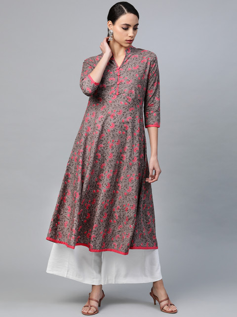 

mokshi Women Brown & Pink Floral Print Pure Cotton A-Line Kurta