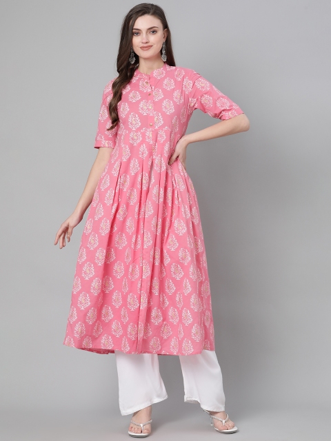 

mokshi Women Pink & White Printed Front High Slit Cotton A-Line Kurta