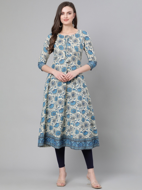 

mokshi Women Off-White & Blue Floral Printed Pure Cotton A-Line Kurta