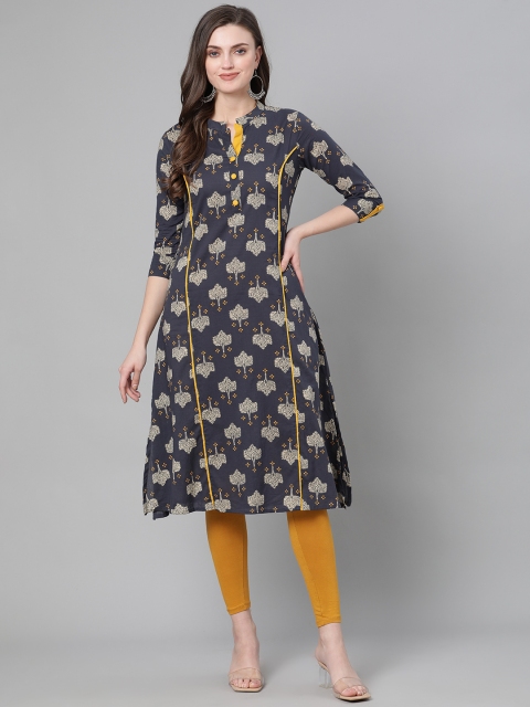 

mokshi Women Charcoal & Beige Printed A-Line Kurta