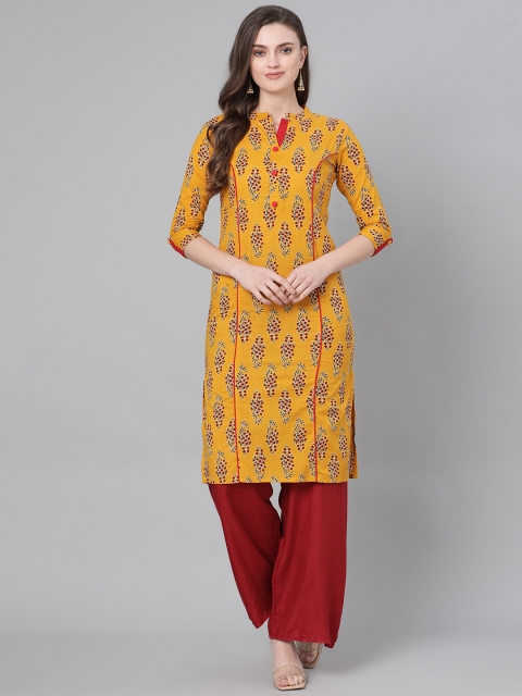 

mokshi Women Mustard Yellow & Maroon Cotton Printed Straight Kurta