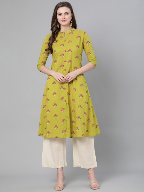 

mokshi Women Green & Pink Pure Cotton Floral Printed A-Line Kurta